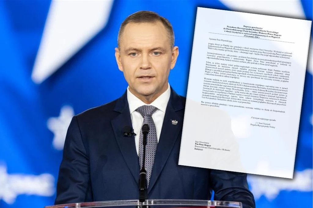 Karol Nawrocki pogratulował Peterowi Magyarowi Prezydent Karol Nawrocki, obok pismo