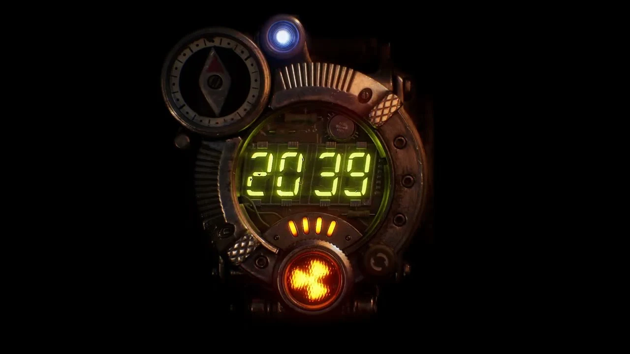 Metro 2039 Steampunkowy zegar cyfrowy Metro 2039 z zielonym wyświetlaczem 20:39, kompasem i wskaźnikiem X.