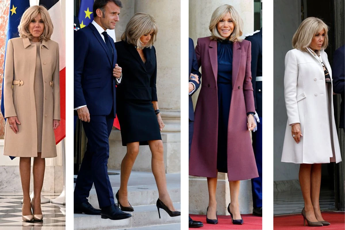 Brigitte Macron w latach 2024 - 2026 Cztery różne eleganckie stylizacje tej samej kobiety: beżowy płaszcz z ozdobnymi guzikami, czarna sukienka z dopasowanym żakietem i szpilkami, granatowa sukienka z długim bordowym płaszczem, biały płaszcz zestawiony z jasnymi butami; w tle elementy arc...