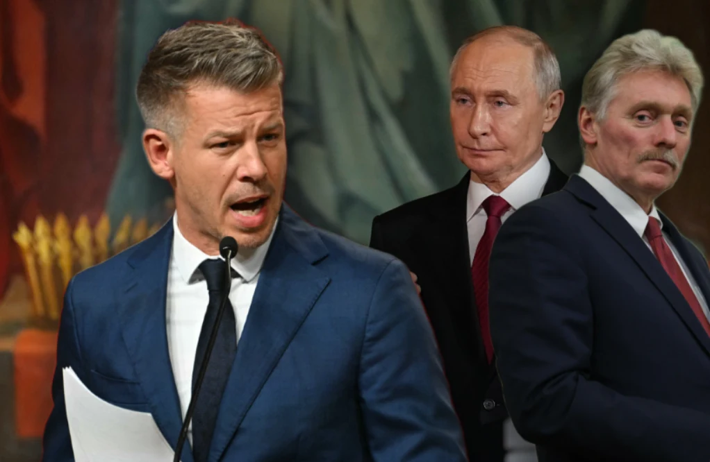 Peter Magyar nie może liczyć na gratulacje z Kremla? Reakcja Rosji na wyniki wyborów na Węgrzech Peter Magyar, za nim Władimir Putin i Dmitrij Pieskow.