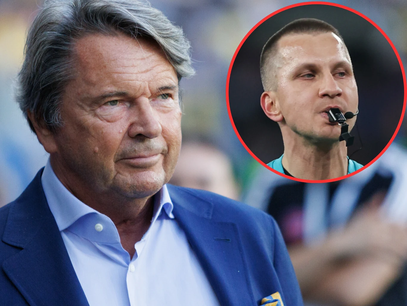 Zbigniew Jakubas i Bartosz Frankowski Właściciel Motoru Lublin Zbigniew Jakubas w garniturze oraz sędzia piłkarski Bartosz Frankowski z gwizdkiem w ustach