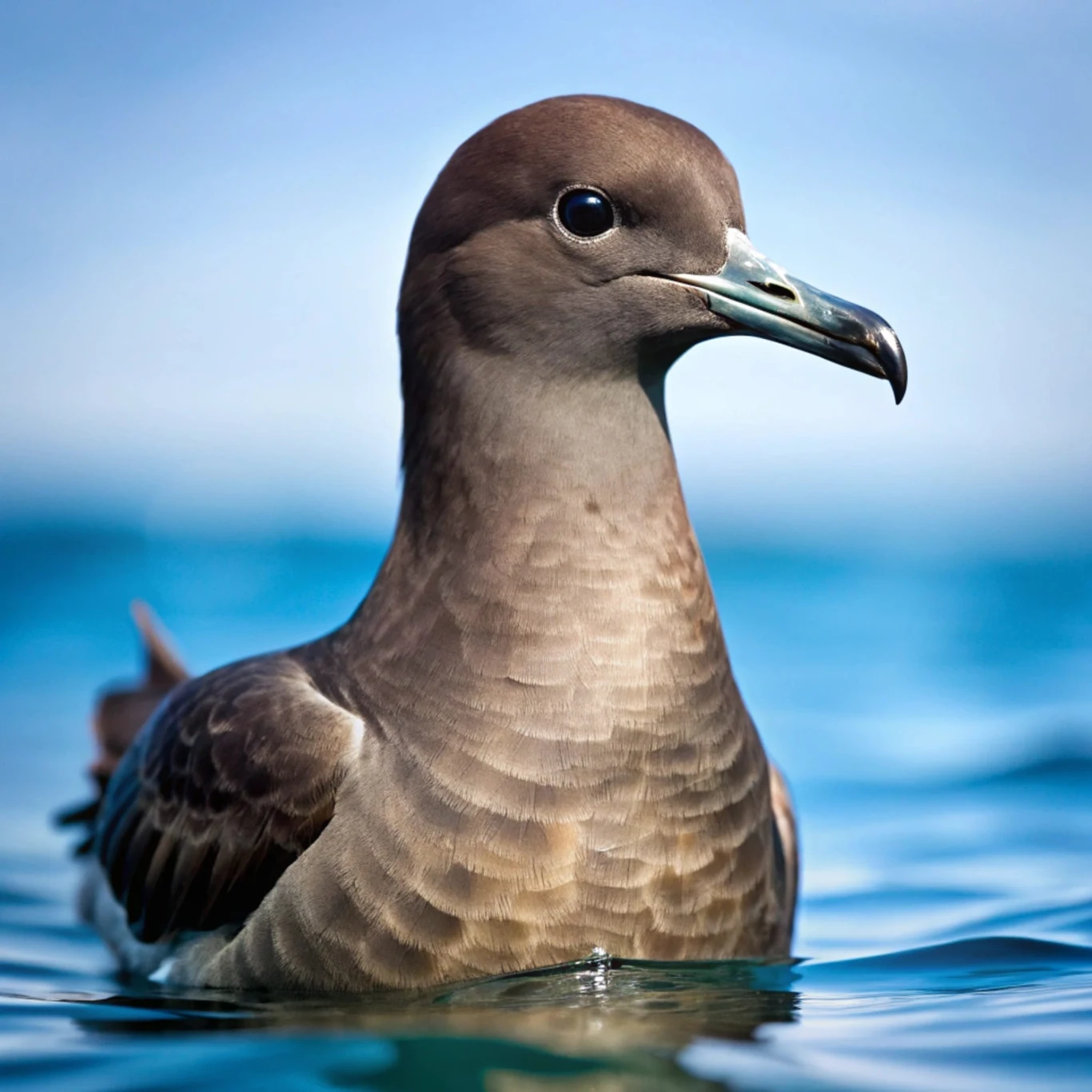 Brązowy ptak wodny z ciemnym dziobem i dużymi oczami unoszący się spokojnie na błękitnej, lekko pofalowanej wodzie pod jasnym, bezchmurnym niebem.