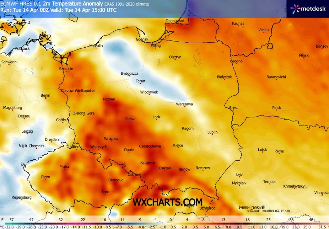 Mapa Polski z zaznaczonymi anomaliami temperatury powierzchni na tle dni z kwietnia, największe odchylenia dodatnie obejmują centralną, południową i wschodnią część kraju, odcienie pomarańczowe i czerwone dominują na większości obszaru, wskazując na po...