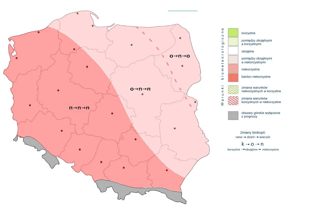 mapa Polski podzielona na strefy klimatyczne z wyróżnieniem obszarów korzystnych i niekorzystnych dla określonych upraw, wyraźne strefowanie kolorystyczne, legenda opisująca typy gleb oraz oznaczenia głównych miast