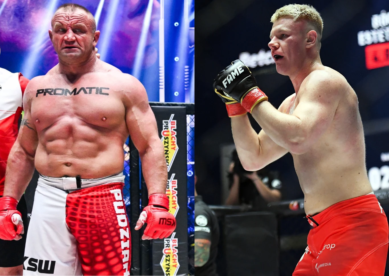 Mariusz Pudzianowski i Natan Marcoń Mariusz Pudzianowski i Natan Marcoń w oktagonie podczas gali MMA, ubrani w sportowe szorty i rękawice.