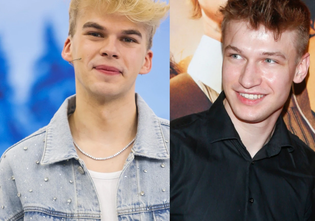 Kacper Porębski, Piotr Charaziński Kacper Porębski w jasnej jeansowej kurtce i Piotr Charaziński w czarnej koszuli, portretowe ujęcie.