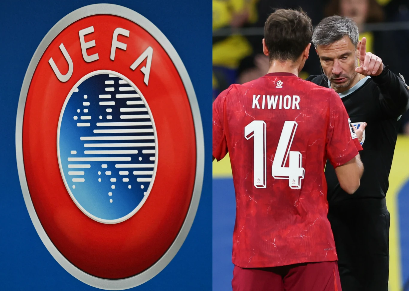 Logo UEFA w intensywnych barwach oraz sędzia piłkarski udzielający instrukcji zawodnikowi w czerwonej koszulce z numerem 14 i nazwiskiem Kiwior.