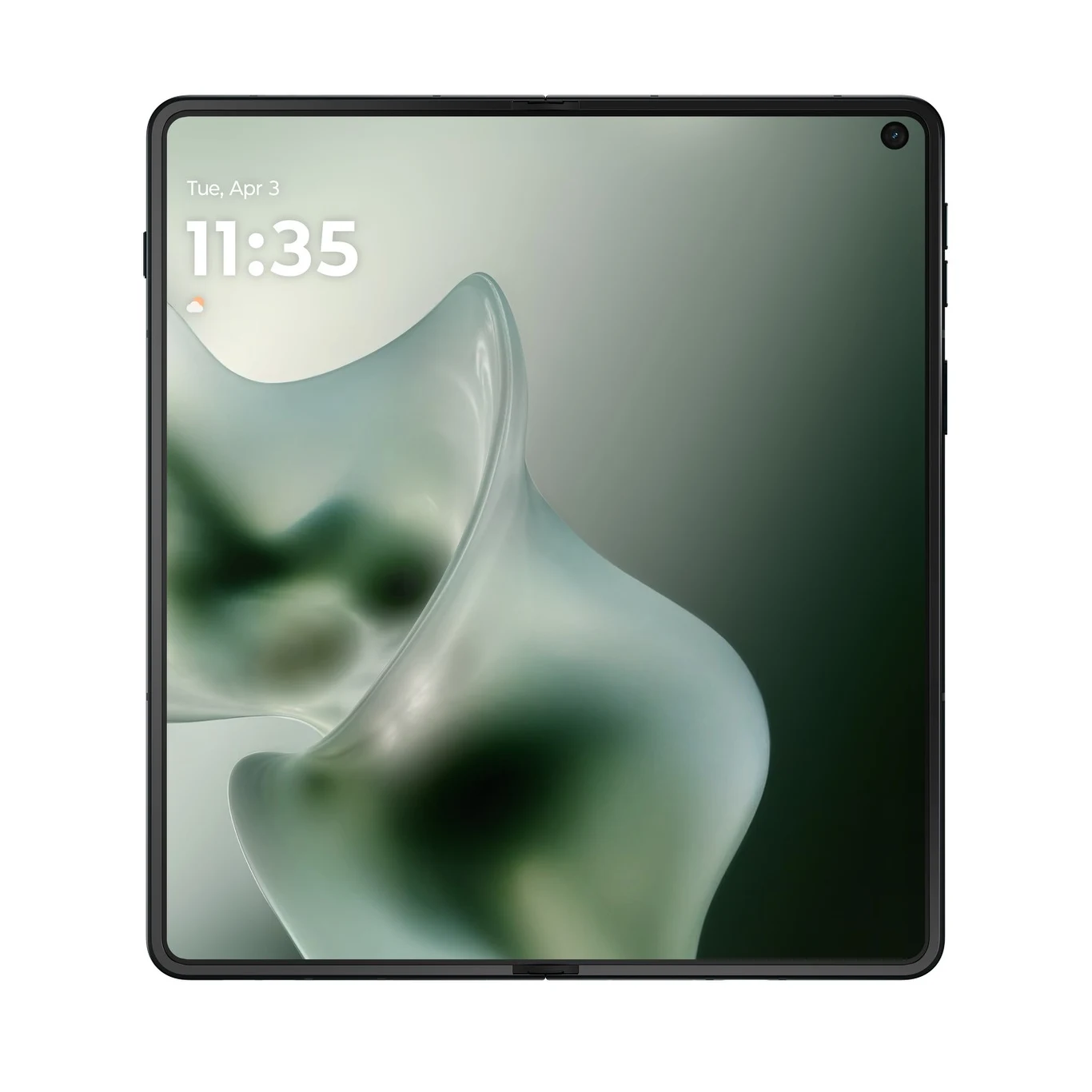 Kwadratowy, rozłożony smartfon z dużym wyświetlaczem, w prawym górnym rogu widoczna przednia kamera oraz cyfrowy zegar z datą, na ekranie abstrakcyjna grafika w odcieniach zieleni.