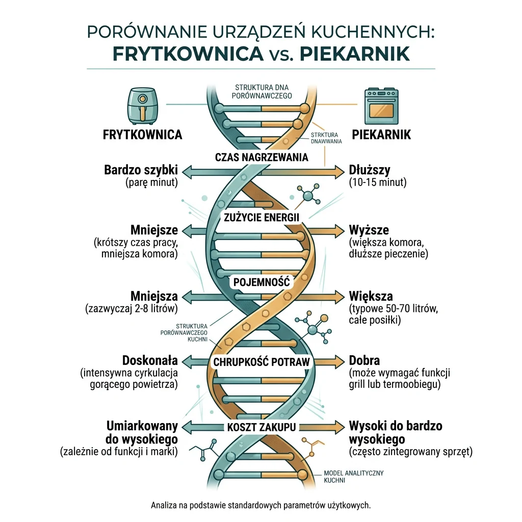 Infografika porównująca frytkownicę z piekarnikiem za pomocą schematu DNA, zestawiająca kluczowe cechy obu urządzeń: czas nagrzewania, zużycie energii, pojemność, chrupkość potraw oraz koszt zakupu; po lewej stronie znajdują się zalety frytkownicy taki...