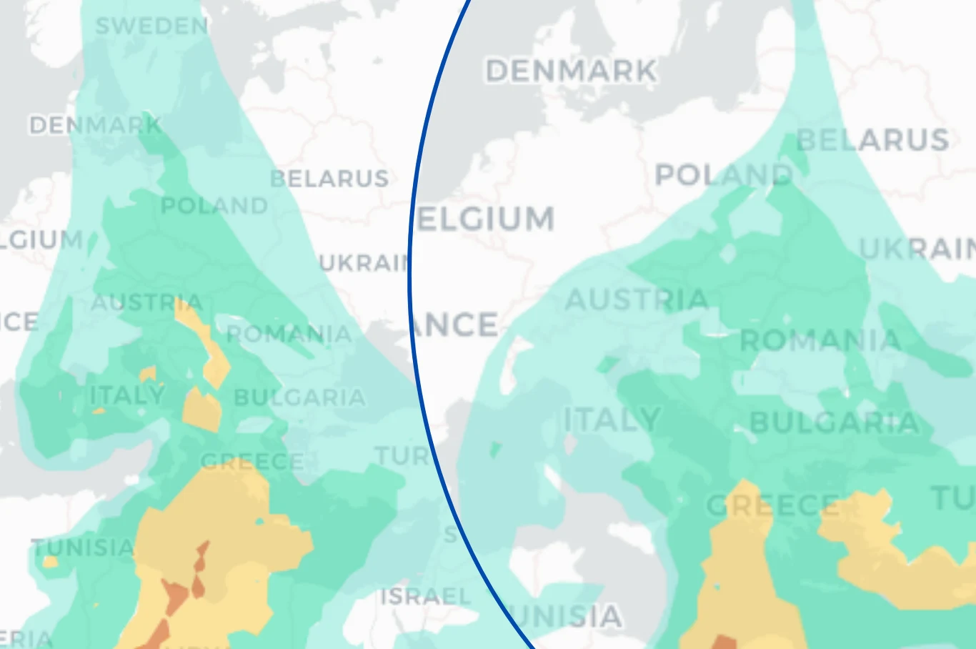 Symulacja przemieszczania się chmury pyłu saharyjskiego przez Polskę we wtorek (z lewej strony) i w środę Mapa Europy z kolorowymi obszarami wskazującymi poziom zachmurzenia lub opadów, z przewagą barw zielonej i żółtej nad regionami Grecji, Włoch i Turcji.