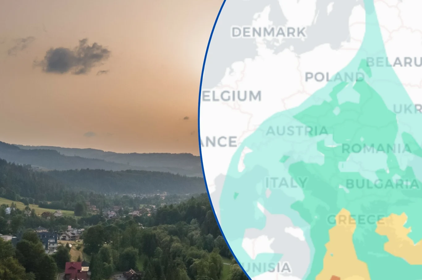 Chmura pyłu saharyjskiego dotarła do Polski. Miejscami niebo może zmienić kolor, choć raczej nie w takim stopniu jak w lipcu 2021 roku w Wiśle (zdjęcie w tle) Chmura pyłu Saharyjskiego nad Polską w lipcu 2021 roku. We wtorek znowu pojawi się w powietrzu