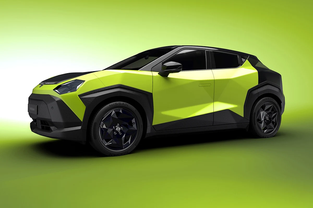 Nissan Juke III generacji będzie pojazdem elektrycznym Elektryczny Nissan Juke III generacji w jasnozielonym kolorze, SUV na tle zielonego gradientowego tła