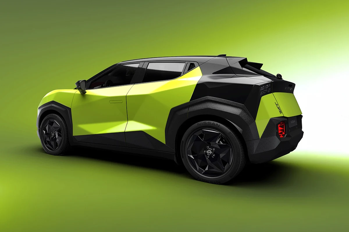 Nissan Juke III generacji nowoczesny, jasnozielony samochód typu SUV o futurystycznej, kanciastych liniach nadwozia, czarne felgi i przyciemnione szyby, dynamiczny kontrast między kolorystyką nadwozia a matowymi, czarnymi detalami