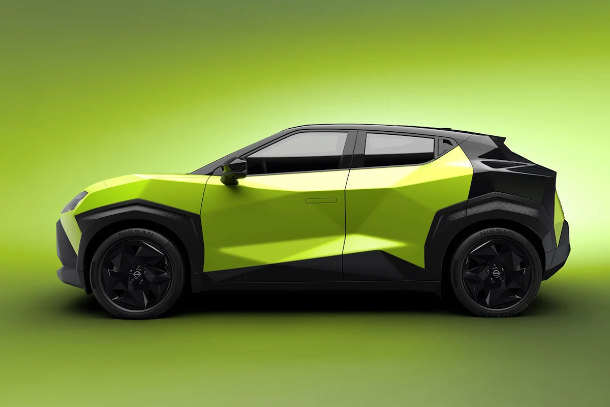 Nissan Juke III nowoczesny samochód SUV o geometrycznych kształtach, jaskrawozielony z czarnymi akcentami, ciemne szyby i czarne felgi, tło w odcieniach zieleni podkreślające futurystyczny design auta