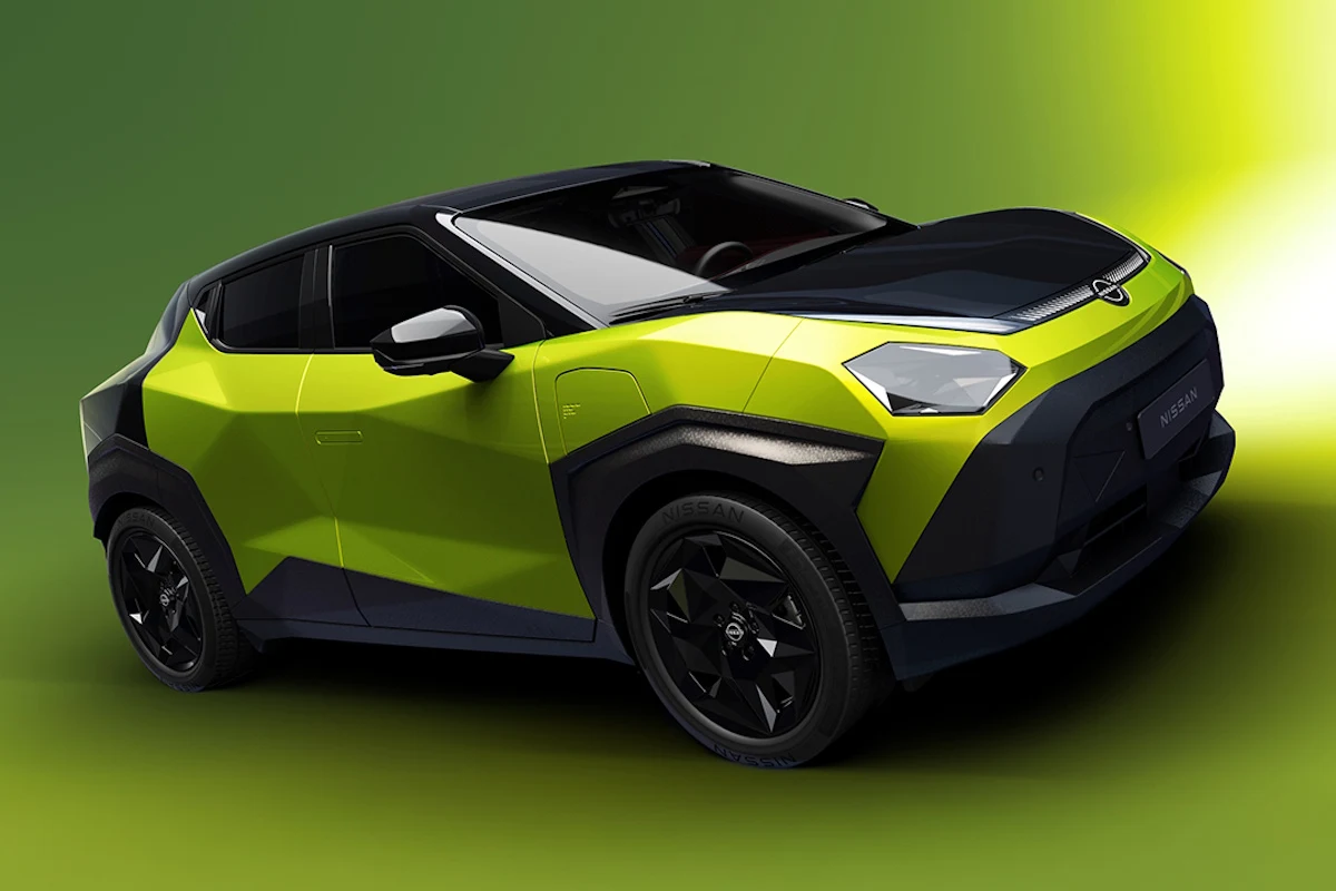 Nissan Juke III nowoczesny samochód miejski o dynamicznej sylwetce, lakierowany w kontrastujących odcieniach limonkowej zieleni i czerni, z wyrazistymi kanciastymi liniami nadwozia oraz czarnymi felgami na tle gradientowego zielono-żółtego tła