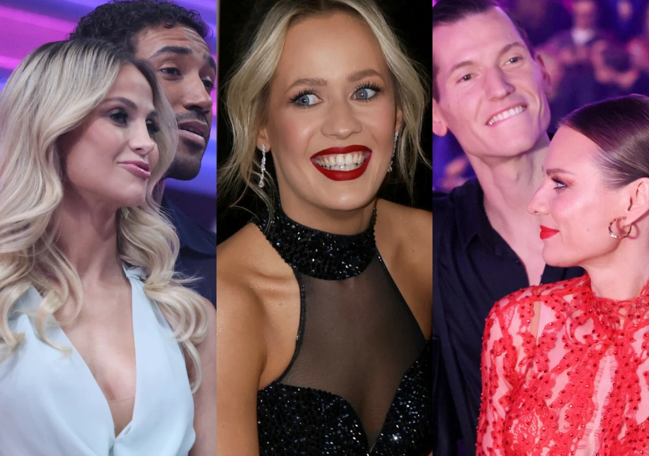 Hanna Żudziewicz i Gamou Fall, Magdalena Tarnowska, Jacek Jeschke i Magdalena Boczarska Trzy kadry: Żudziewicz z Fall, Tarnowska, Jeschke z Boczarską w eleganckich strojach w studiu "Tańca z gwiazdami".