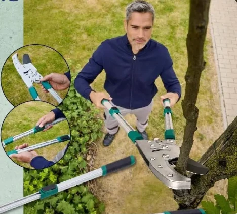 Sekator teleskopowy w Aldi za 79,99 zł mężczyzna używa teleskopowych nożyc ogrodowych do przycinania grubego konaru drzewa, narzędzie posiada zielono-czarne rączki i metalową głowicę tnącą, w lewym górnym rogu widoczne są dwa zbliżenia na szczegóły działania nożyc