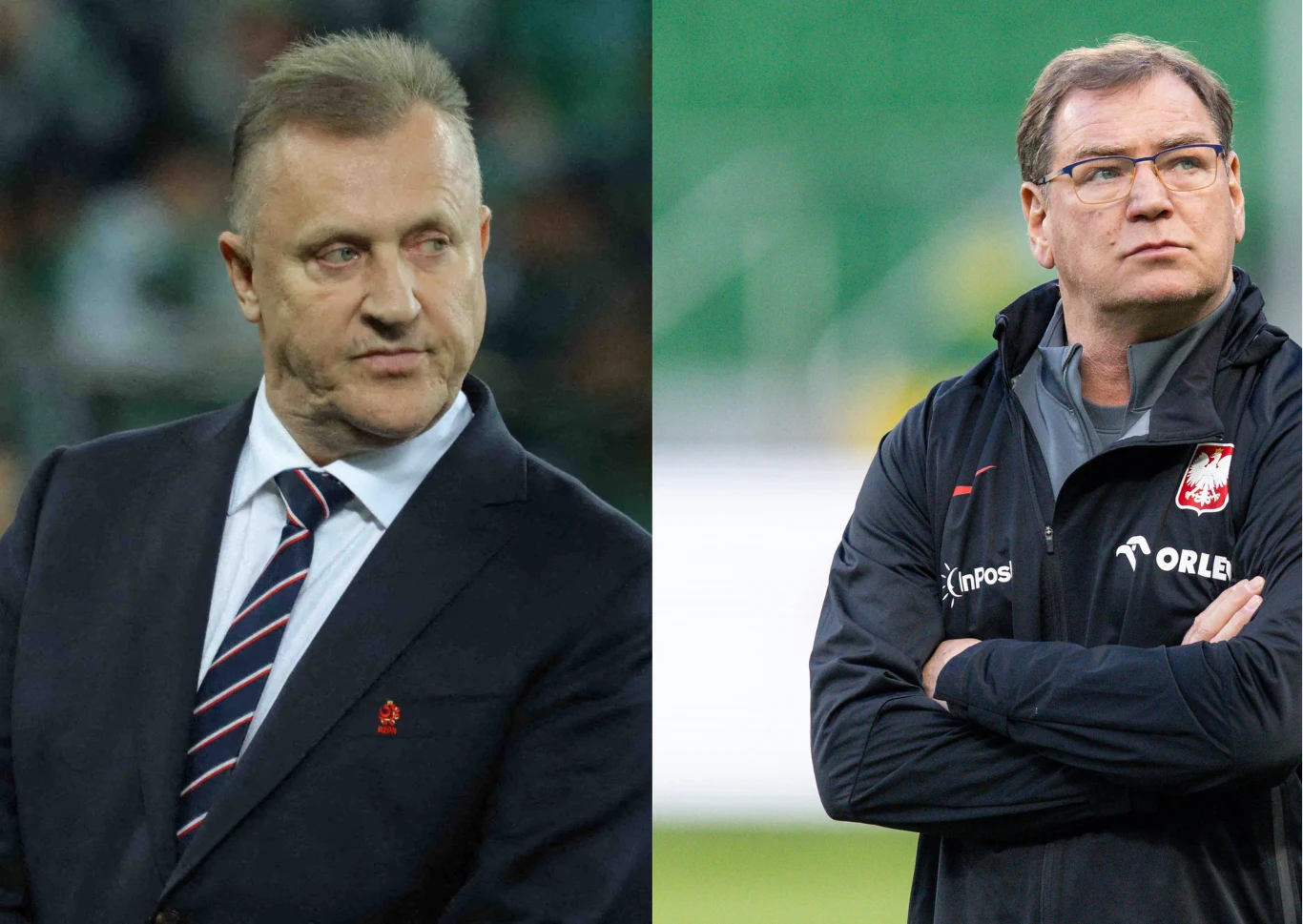 Cezary Kulesza, Jan Urban Cezary Kulesza w garniturze po lewej i Jan Urban w kurtce reprezentacji Polski po prawej, osobne portrety.