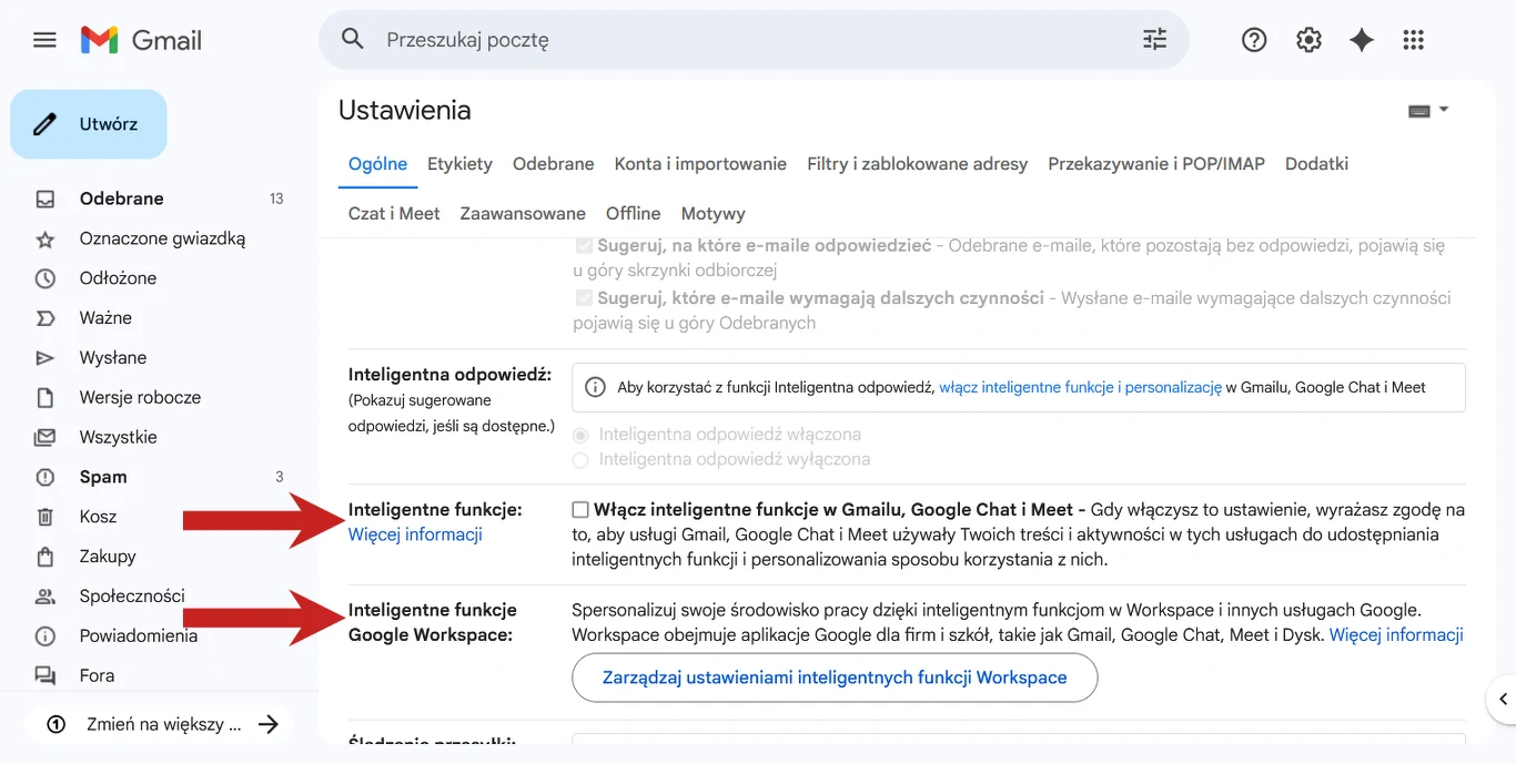 Funkcje Gemini wyłączysz w ustawieniach Gmaila Ekran ustawień Gmaila z widocznymi opcjami włączenia inteligentnych funkcji w Gmailu, Google Chat i Meet oraz inteligentnych funkcji Google Workspace, obok których znajdują się szczegółowe opisy działania tych funkcji oraz niebieski przycisk do zarządz...