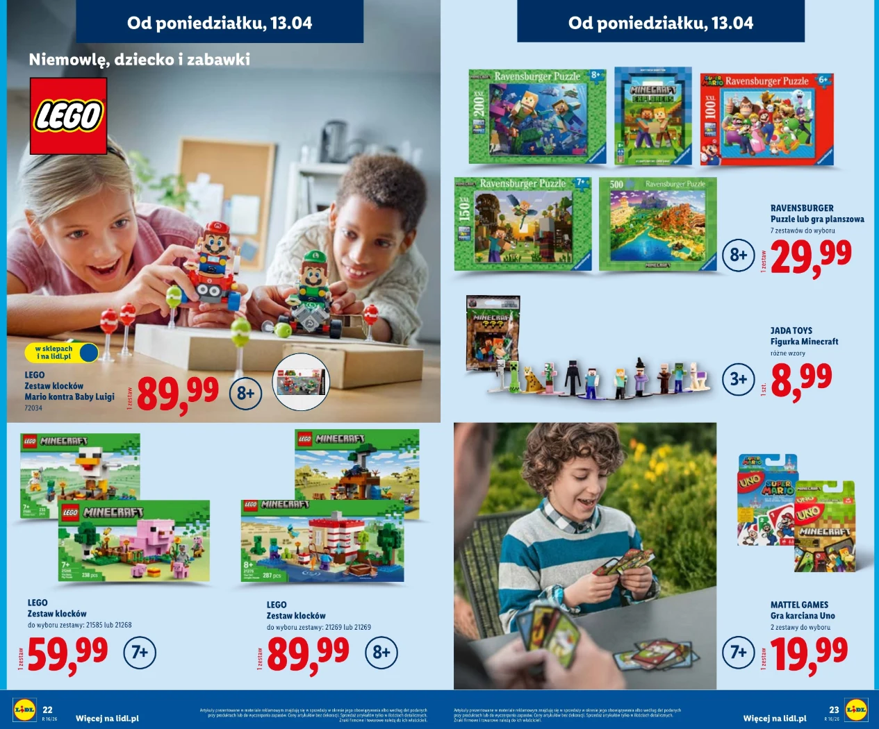 Zestawy LEGO i Minecraft w Lidlu od 13 kwietnia Dwoje dzieci bawi się zestawami klocków LEGO z figurkami Mario i Luigi, na dole prezentowane są zestawy LEGO z serii Minecraft i zabawki do układania puzzli, obok chłopiec gra w grę karcianą Mattel Games, a na górze znajdują się różne gry planszowe i p...