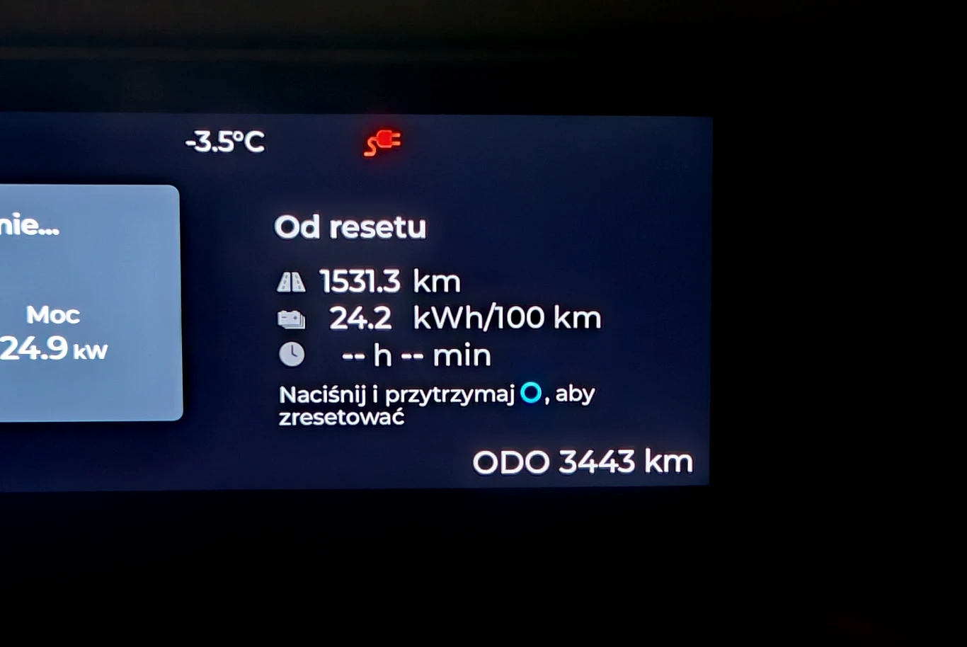 ekran komputera pokładowego samochodu elektrycznego z informacjami o przebiegu 1531,3 km od ostatniego resetu, średnim zużyciu energii 24,2 kWh/100 km, temperaturze zewnętrznej -3,5°C oraz całkowitym przebiegu 3443 km