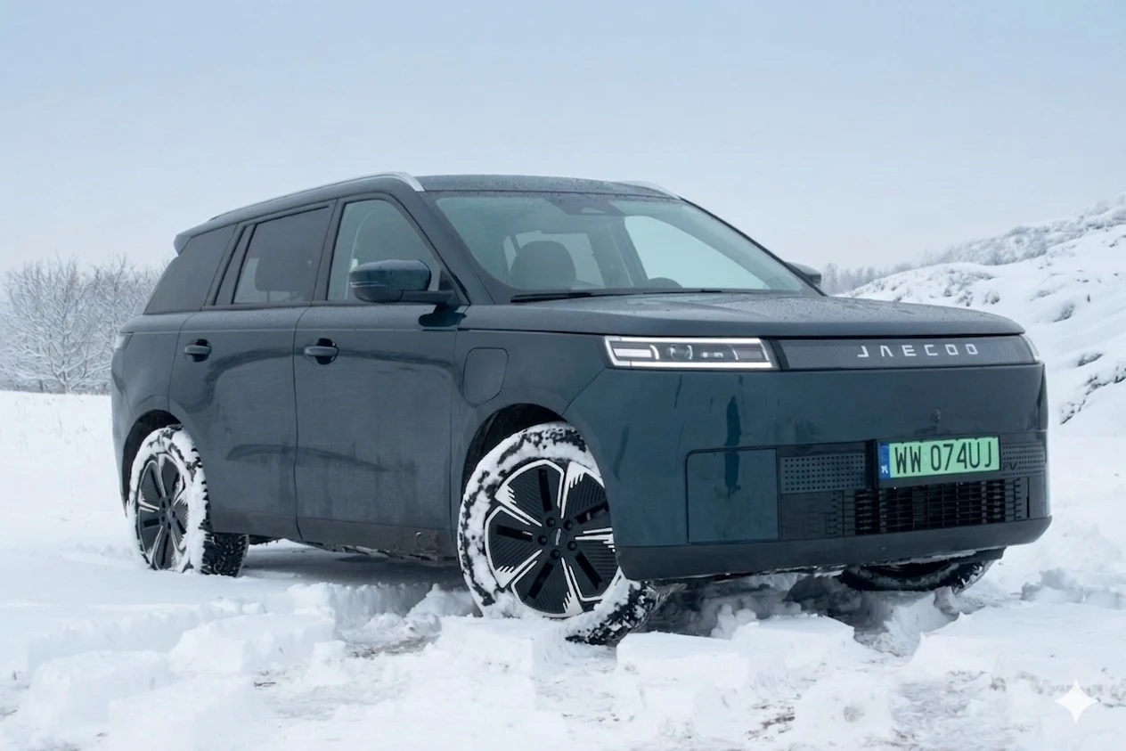 ciemnoniebieski nowoczesny SUV JAECOO stoi na ośnieżonej drodze, ślady opon widoczne w głębokim śniegu, wokół białe wzgórza i zimowa sceneria