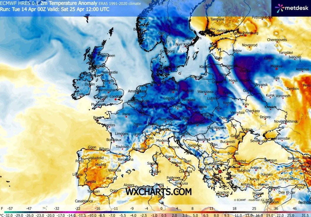 Druga połowa kwietnia może być chłodniejsza niż zazwyczaj. Taka sytuacja może się utrzymać również na początku maja Mapa Europy z naniesionymi anomaliami temperatury, gdzie znaczne obszary północnej i środkowej części kontynentu wyróżnione są intensywnymi odcieniami niebieskiego i fioletowego, wskazującymi na znaczne ochłodzenie względem średniej wieloletniej, podcz...