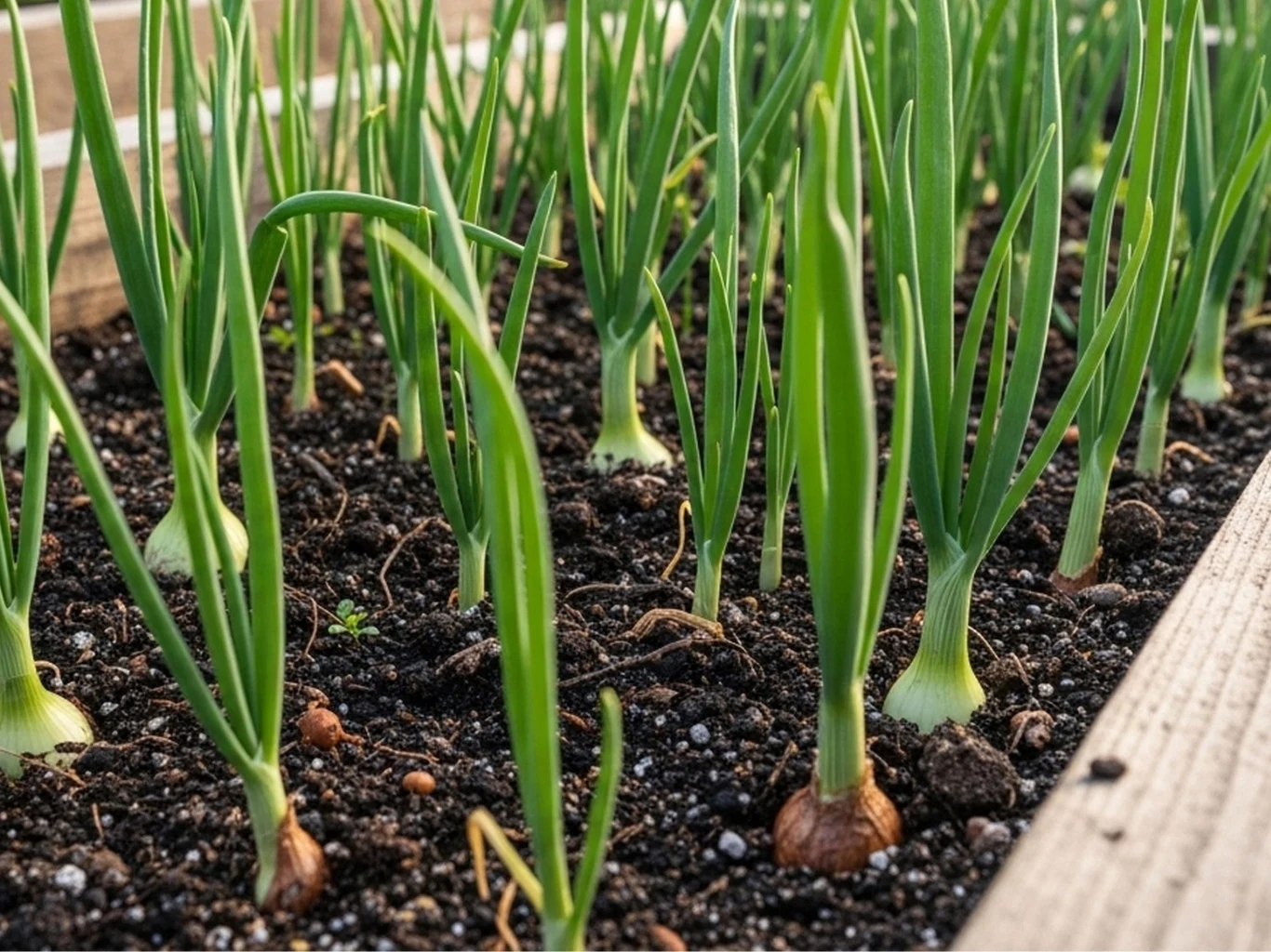 Ziemia w podwyższonych grządkach będzie bardziej żyzna. Jak to zrobić? Zielone pędy młodej cebuli wyrastające z ziemi w grządkach z drewnianymi obrzeżami.