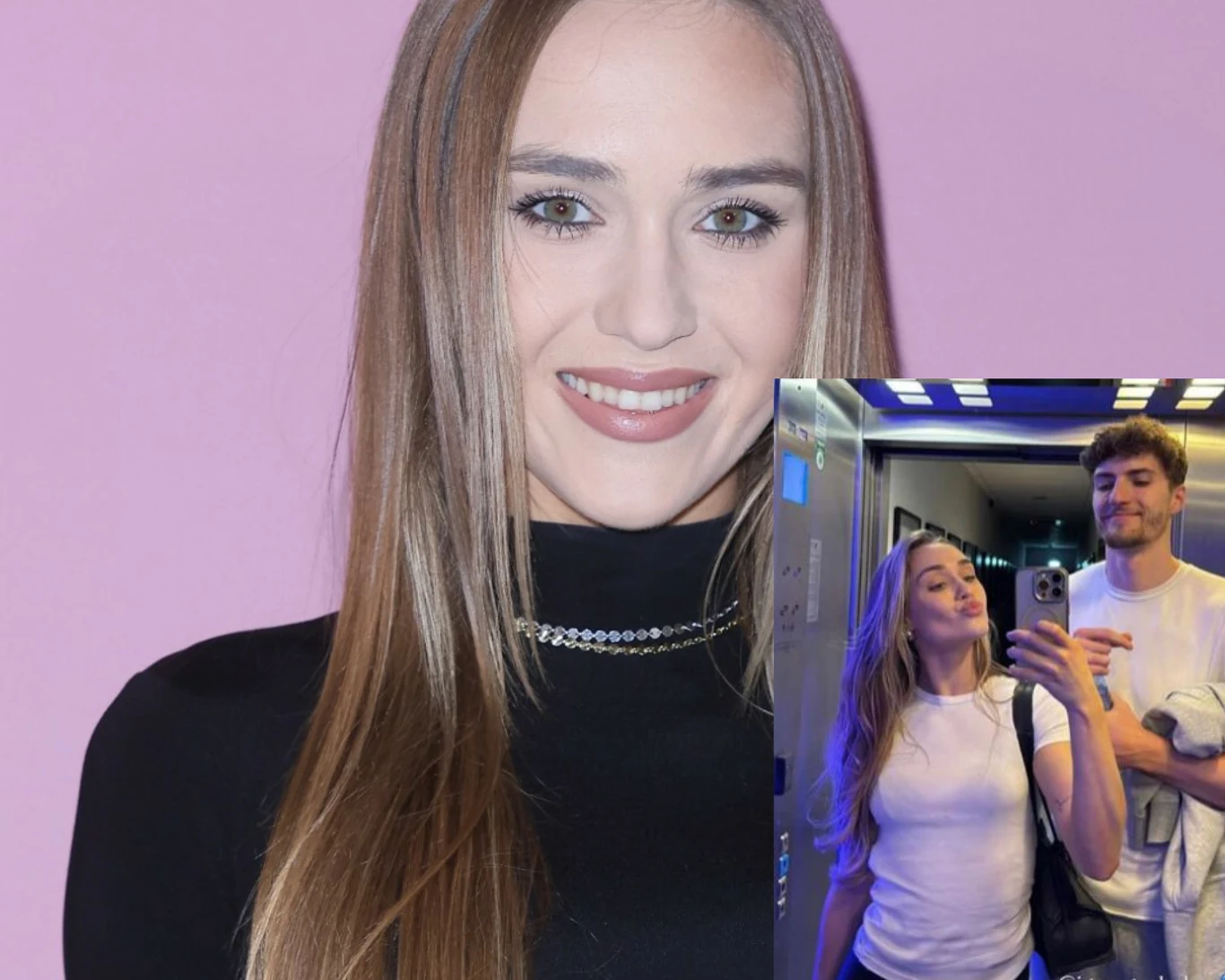 Daria Syta pokazała zdjęcie z wybrankiem młoda kobieta o długich, prostych włosach i delikatnym makijażu pozuje na fioletowym tle, nałożone w prawym dolnym rogu zdjęcie selfie z windą, na którym ta sama kobieta ubrana w białą koszulkę stoi obok wysokiego mężczyzny też w białej koszulce