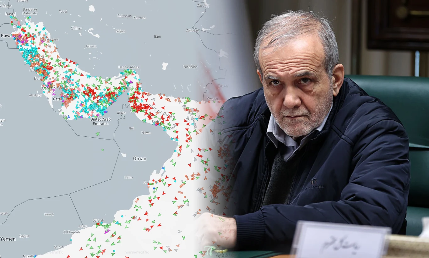 Media: Iran rozważa chwilowe wstrzymanie ruchu swoich statków przez cieśninę Ormuz Mapa cieśniny Ormuz, obok prezydent Iranu