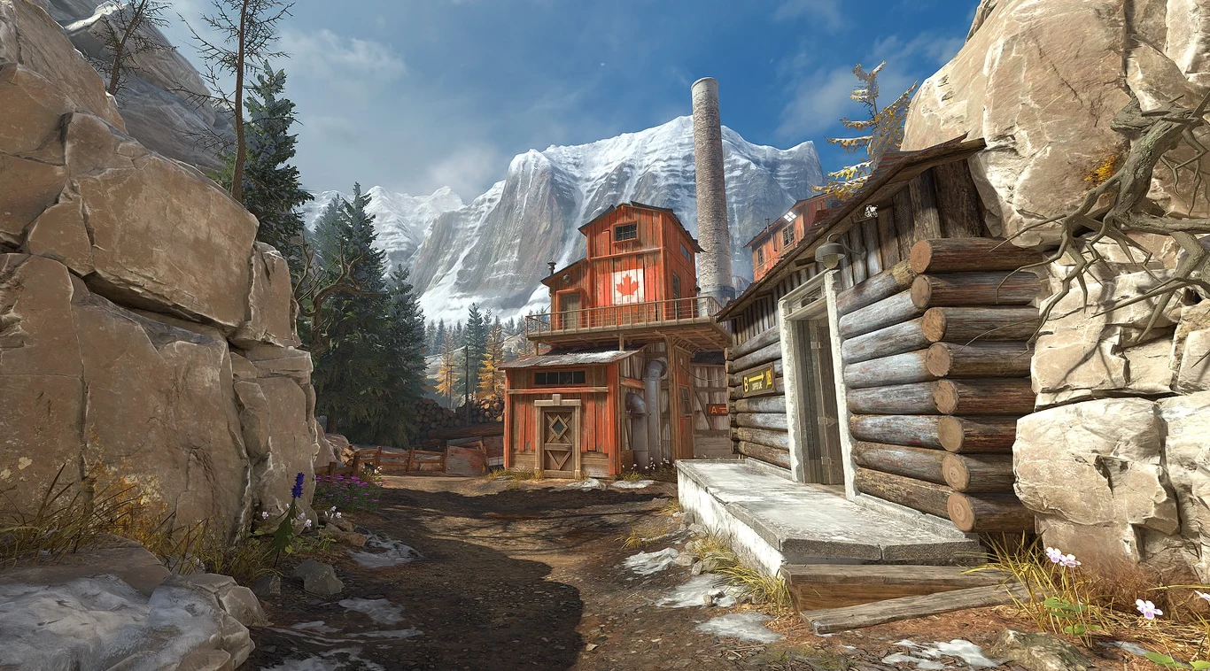de_splinter w CS 2 Mapa de_splinter w CS 2: drewniany budynek z czerwonym krzyżem pośród gór i ośnieżonych szczytów.