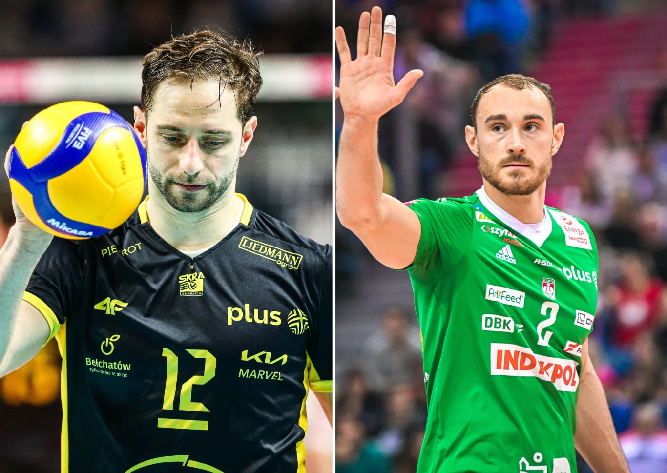 Z lewej Grzegorz Łomacz, z prawej Moritz Karlitzek Grzegorz Łomacz w czarno-żółtym stroju z piłką oraz Moritz Karlitzek w zielonym trykocie na tle widowni.