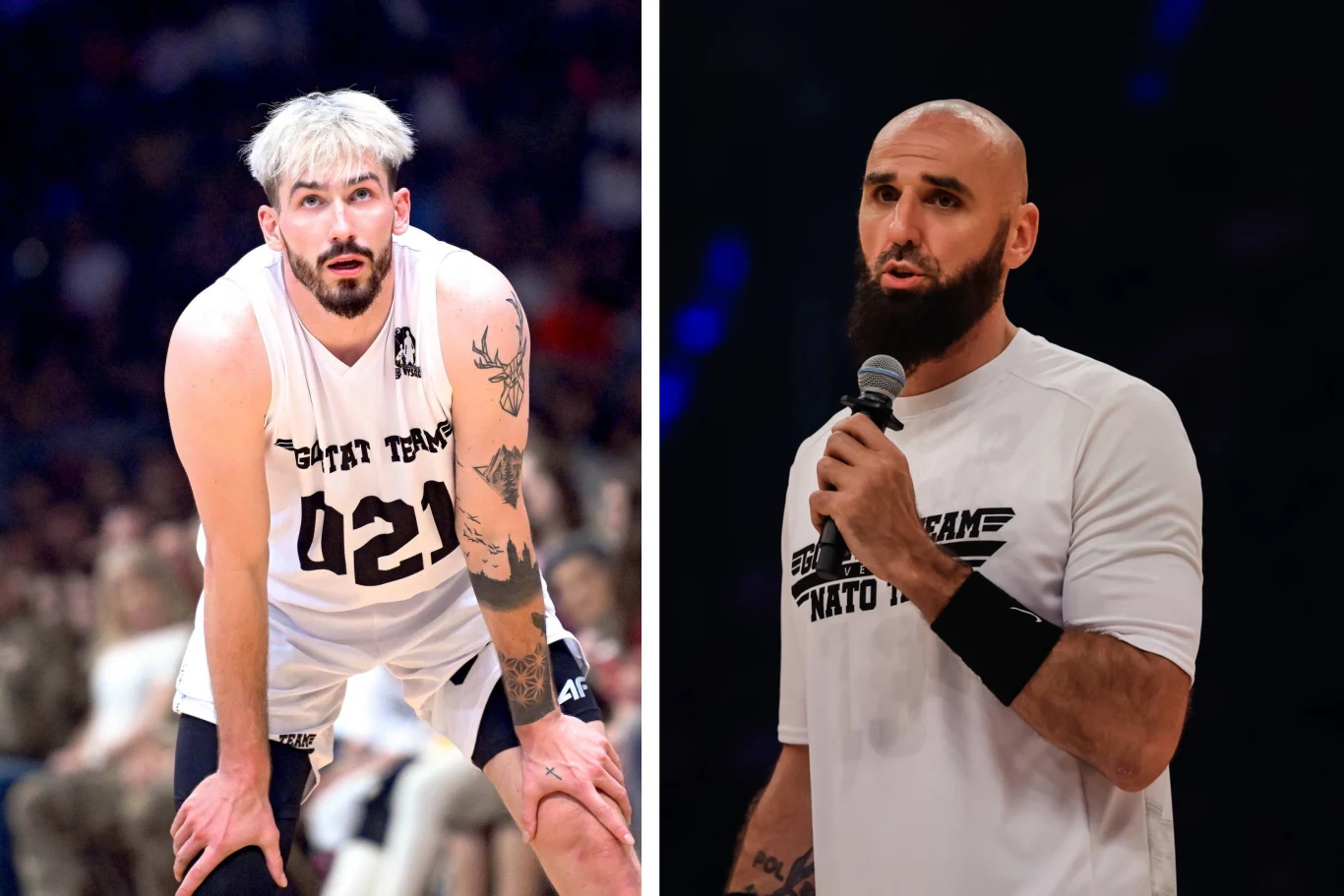 Tomasz Fornal i Marcin Gortat Tomasz Fornal i Marcin Gortat w sportowych strojach 'Gortat Team' podczas wydarzenia na boisku, Gortat z mikrofonem.