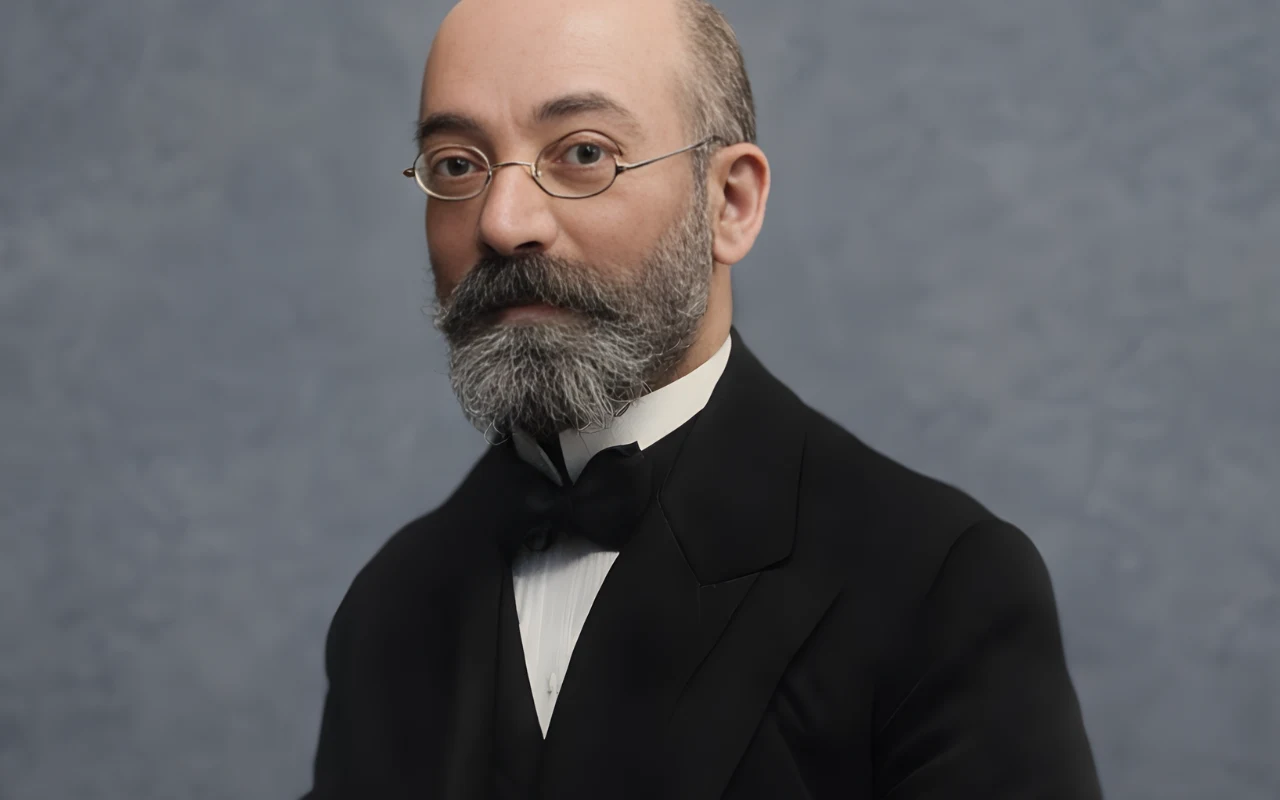 Ludwik Zamenhof Koloryzowane zdjęcie Ludwika Zamenhofa, ubranego w czarny garnitur, białą koszulę oraz muszkę, na tle jednolitego tła.