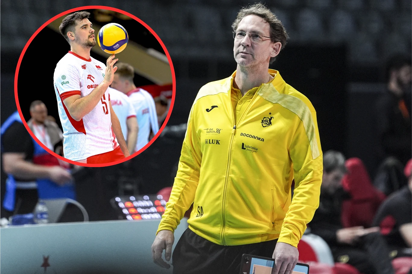 Stephane Antiga z bliska widział jak Mikołaj Sawicki przeżywa wielki dramat Stephane Antiga w żółtej kurtce na hali sportowej, wstawka: Mikołaj Sawicki z piłką przed serwisem