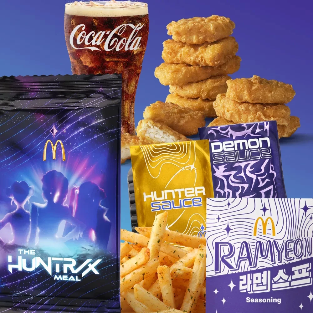 zestaw składający się z porcji frytek posypanych przyprawą ramyeon, kilku kawałków złocistych nuggetsów, dużego napoju Coca-Cola oraz trzech różnych saszetek z sosami – Hunter Sauce, Demon Sauce i przyprawą Ramyeon, opakowanie z grafiką promującą zesta...