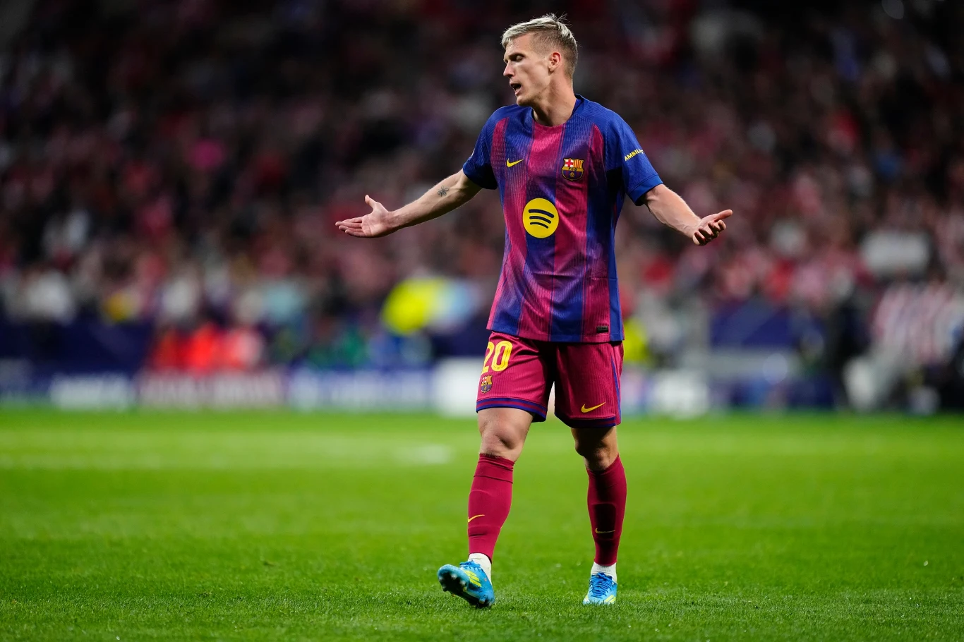 Dani Olmo piłkarz w granatowo-bordowym stroju FC Barcelony z numerem 20 na boisku, gestykulujący z rozłożonymi rękami, w tle rozmyte sylwetki kibiców na trybunach