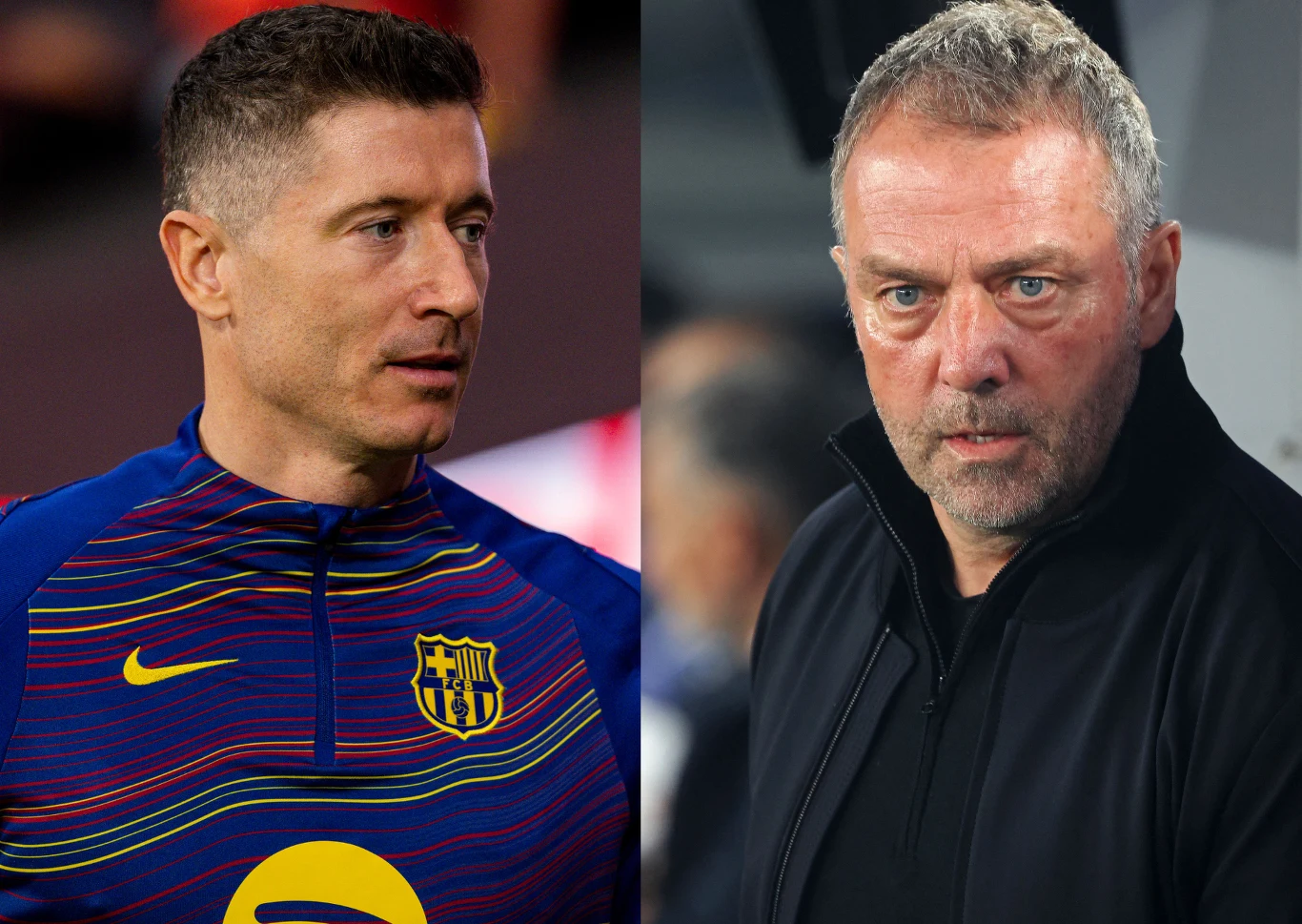 Robert Lewandowski i Hansi Flick Robert Lewandowski w koszulce FC Barcelona po lewej i Hansi Flick w czarnym ubraniu po prawej stronie kadru.
