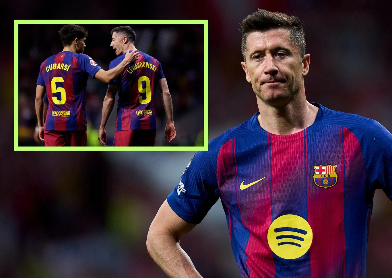 Robert Lewandowski i Pau Cubarsi Piłkarz FC Barcelony w granatowo-bordowej koszulce z numerem 9 na plecach stoi na tle rozmytego stadionu, na pierwszym planie widoczny jest jego poważny wyraz twarzy, a w górnym lewym rogu znajduje się wstawka z dwoma zawodnikami Barcelony, którzy idą ...