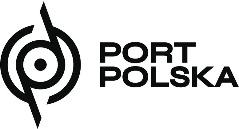 logo składające się z nowoczesnej graficznej kompozycji koła z wpisaną literą „P” oraz dwóch strzałek po bokach, obok czarny napis „PORT POLSKA” dużą czcionką
