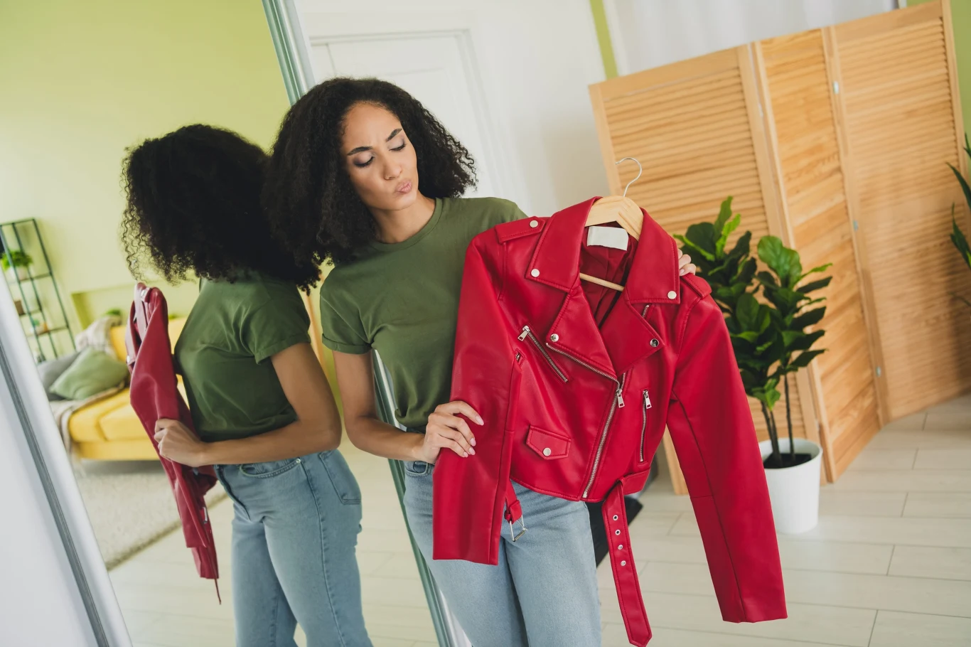 kobieta z kręconymi włosami w zielonej koszulce i dżinsach trzyma na wieszaku czerwoną skórzaną kurtkę, stojąc przed dużym lustrem w jasnym, nowocześnie urządzonym pokoju z roślinami doniczkowymi