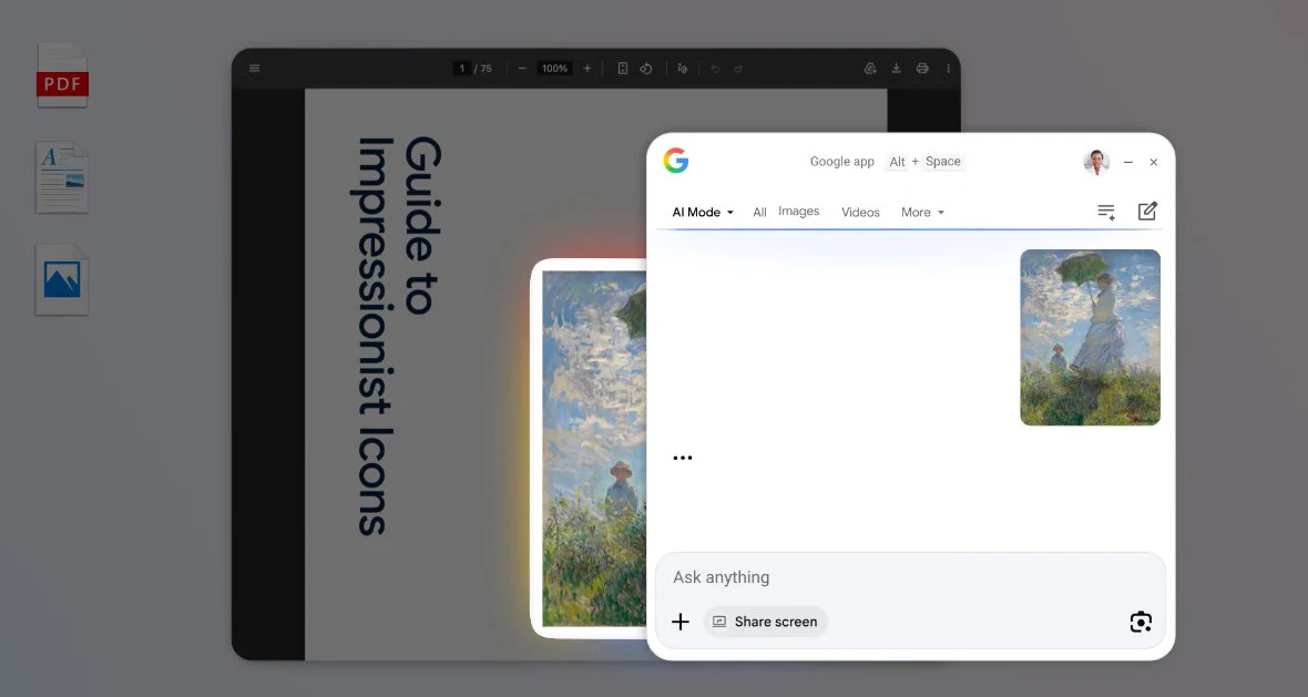 Aplikacja Google dla Windows dostępna. Szybsze wyszukiwanie i dostęp do AI. Ekran komputera z dokumentem 'Guide to Impressionist Icons' i oknem aplikacji Google dla Windows.