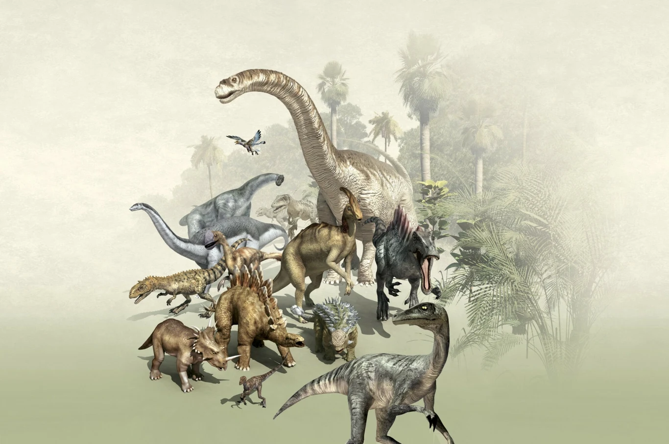 Grupa różnych gatunków dinozaurów ustawionych na tle roślinności tropikalnej, w tym duży roślinożerny zauropod na środku, drapieżniki oraz mniejsze dinozaury roślinożerne i latający pterozaur nad nimi.