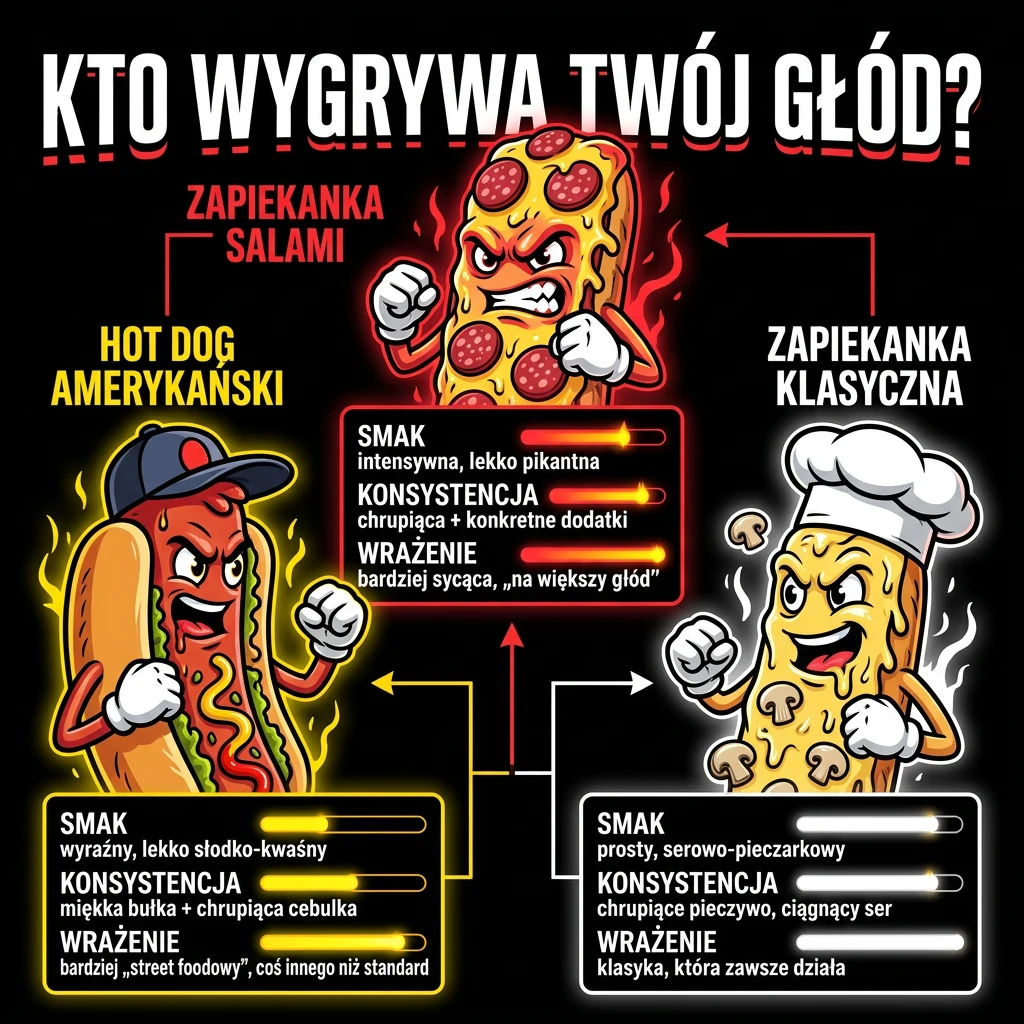 Trzy żywiołowo narysowane postacie przedstawiające hot doga amerykańskiego, zapiekankę z salami oraz zapiekankę klasyczną, z wyraźnymi emocjami na twarzach i dynamiczną gestykulacją, każda z opisem smaku, konsystencji i ogólnego wrażenia pod nimi, na c...
