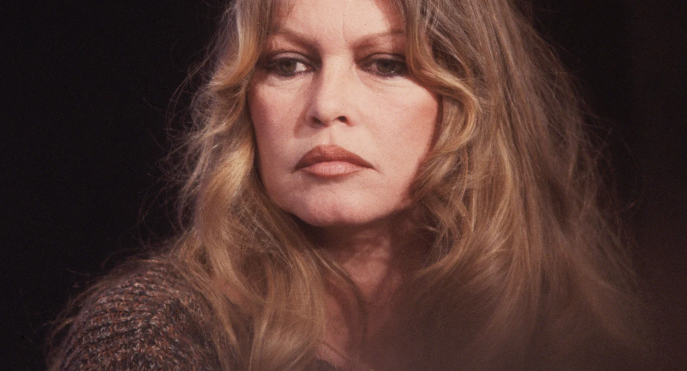 Brigitte Bardot w 1979 roku Brigitte Bardot w 1979 roku, z długimi falowanymi blond włosami, w ciemnym swetrze na jednolitym tle.