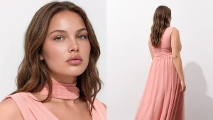 Różowa sukienka maxi z marszczonej tkaniny z eleganckim szalem wokół szyi