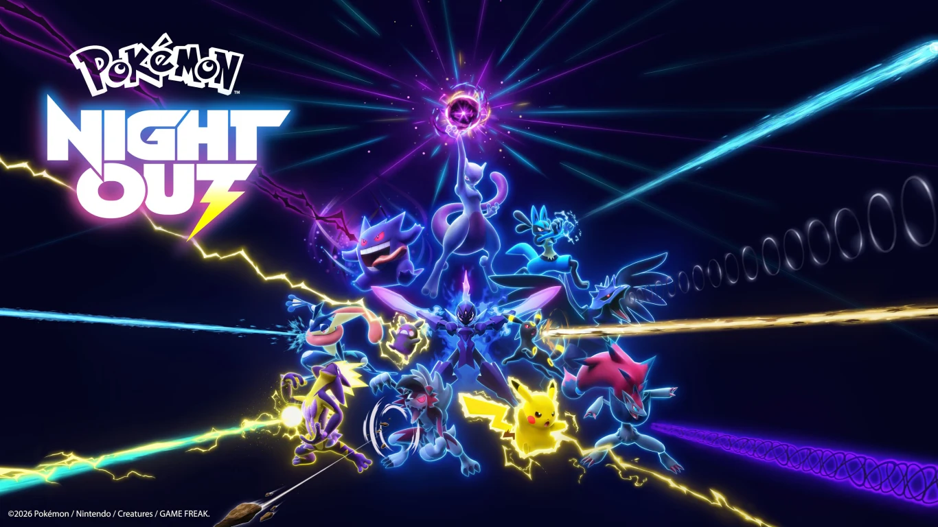 Pokémon Night Out Pokémon Night Out: grupa pokemonów w dynamicznych pozach z neonowymi promieniami, logo po lewej stronie.