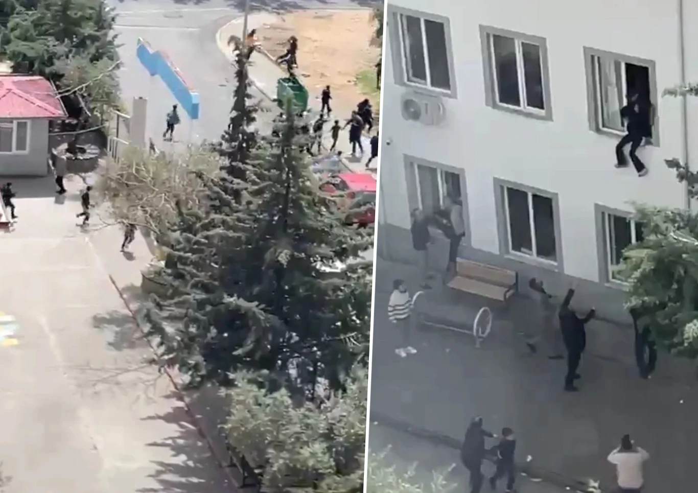 W tureckiej szkole doszło do strzelaniny Ludzie uciekający przez okna i dziedziniec szkoły w Turcji podczas strzelaniny, widoczne chaotyczne sceny.