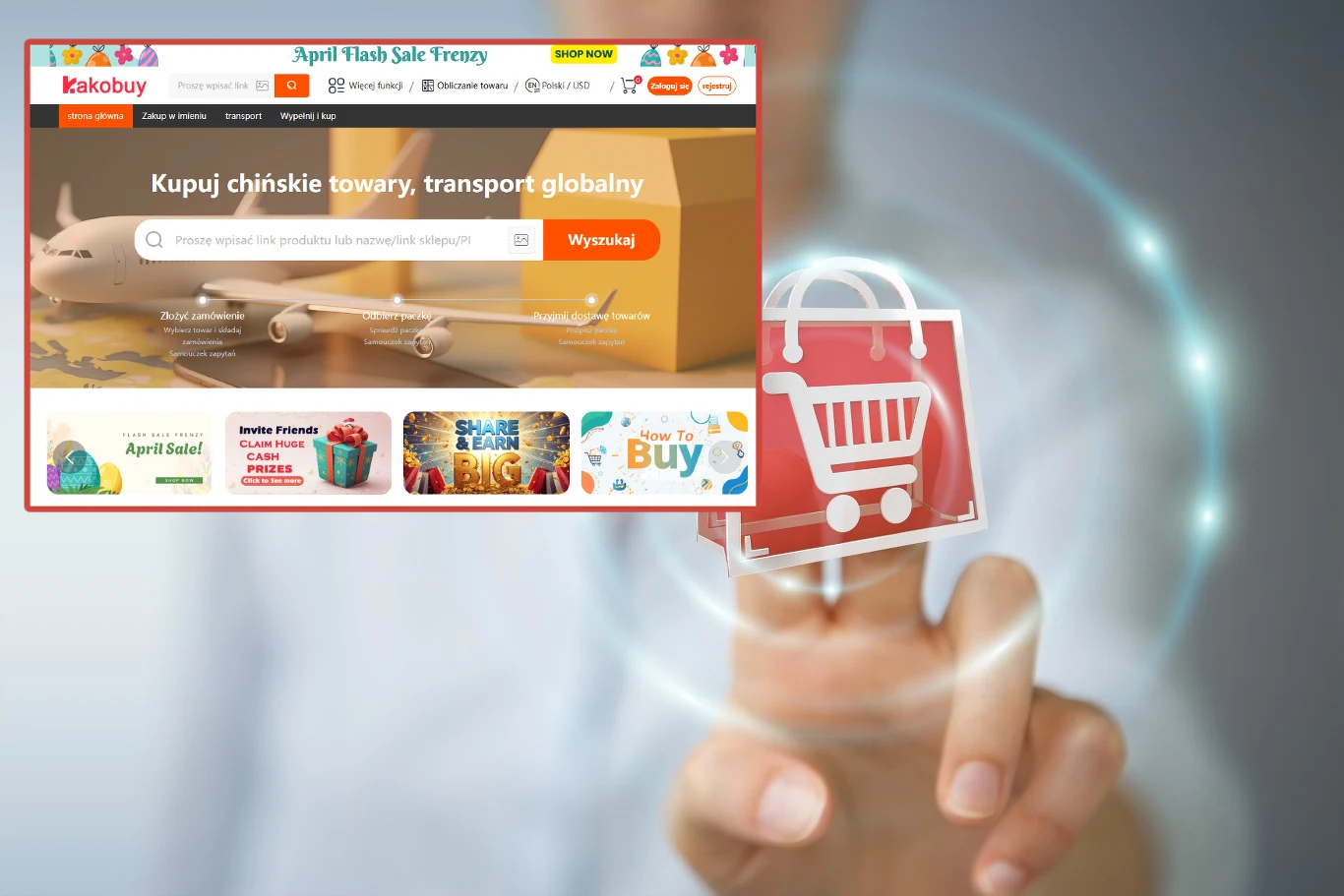 Kakobuy zdobywa polskich klientów Strona Kakobuy z wyszukiwarką produktów i promocyjnymi ofertami na tle dłoni wskazującej koszyk