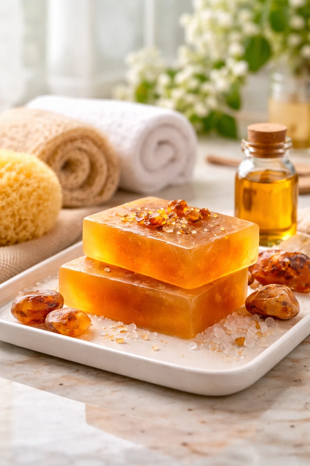 Naturalny kosmetyk z drobinkami bursztynu dwie bursztynowe kostki mydła ręcznie robionego na porcelanowej tacy, w otoczeniu kryształków soli, naturalnych kawałków bursztynu, buteleczki olejku oraz miękkich ręczników, z tłem udekorowanym zielonymi roślinami i kwiatami